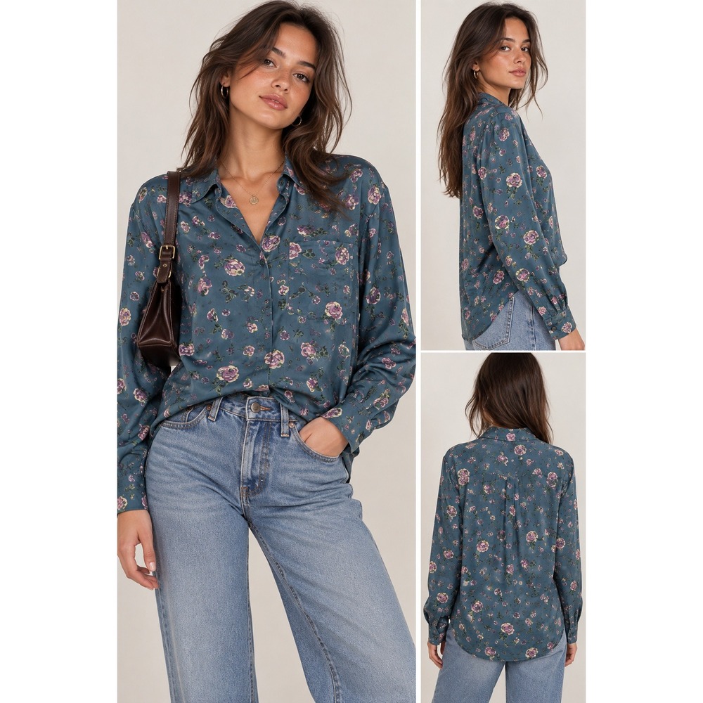 Weathervane Silk Blouse Size M Teal Purple Rose Floral Vintage 90s Button Down
